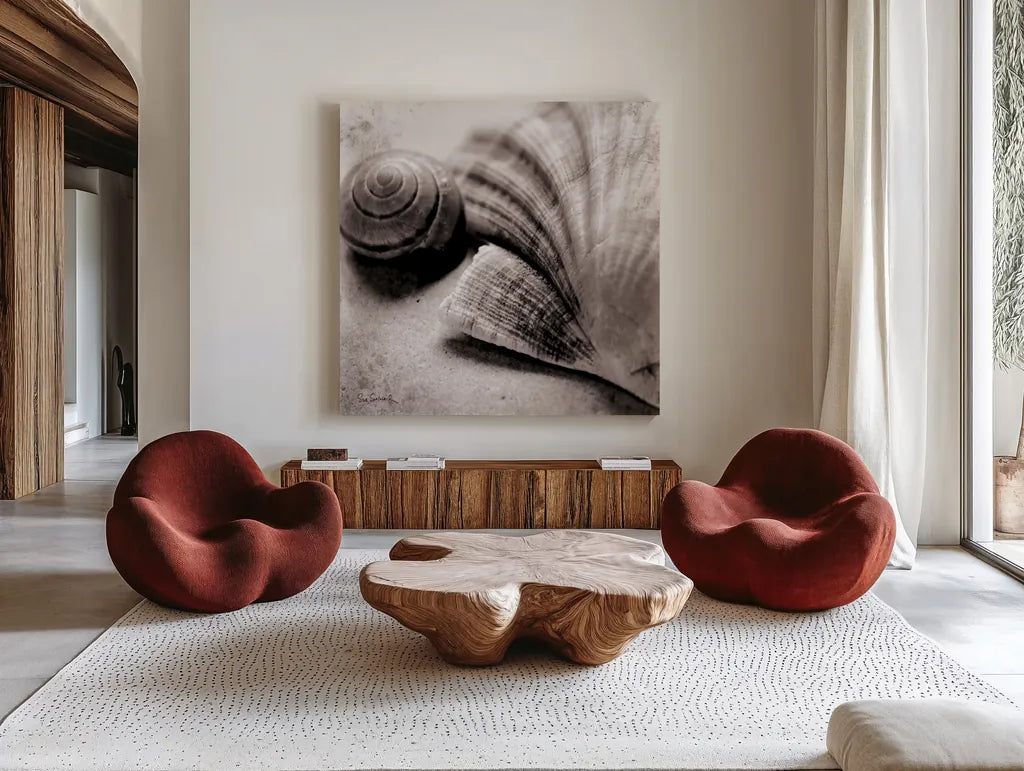 Ocean Treasures Square by Sue Schlabach. Shown as extra-large giant wall art in a modern living room. Available as an archival giclee rolled canvas, fine art paper, or poster print. SKU 5847a.