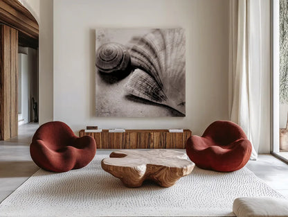 Ocean Treasures Square by Sue Schlabach. Shown as extra-large giant wall art in a modern living room. Available as an archival giclee rolled canvas, fine art paper, or poster print. SKU 5847a.