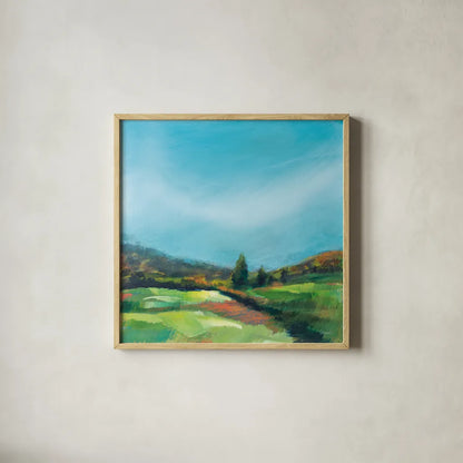 On the Cusp of October by Sue Schlabach. Shown in a natural wood glass frame for a timeless modern aesthetic. Available as an archival giclee rolled canvas, fine art paper, or poster print. SKU 75869a.