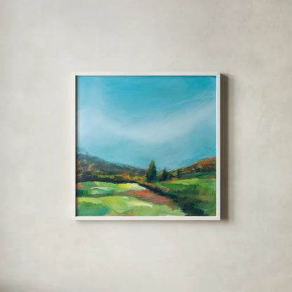 On the Cusp of October by Sue Schlabach. Shown in a crisp white glass frame for a clean and minimalist style. Available as an archival giclee rolled canvas, fine art paper, or poster print. SKU 75869a.