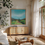 On the Cusp of October by Sue Schlabach. Shown in a natural wood frame in a cozy modern living room. Available as an archival giclee rolled canvas, fine art paper, or poster print. SKU 75869a.