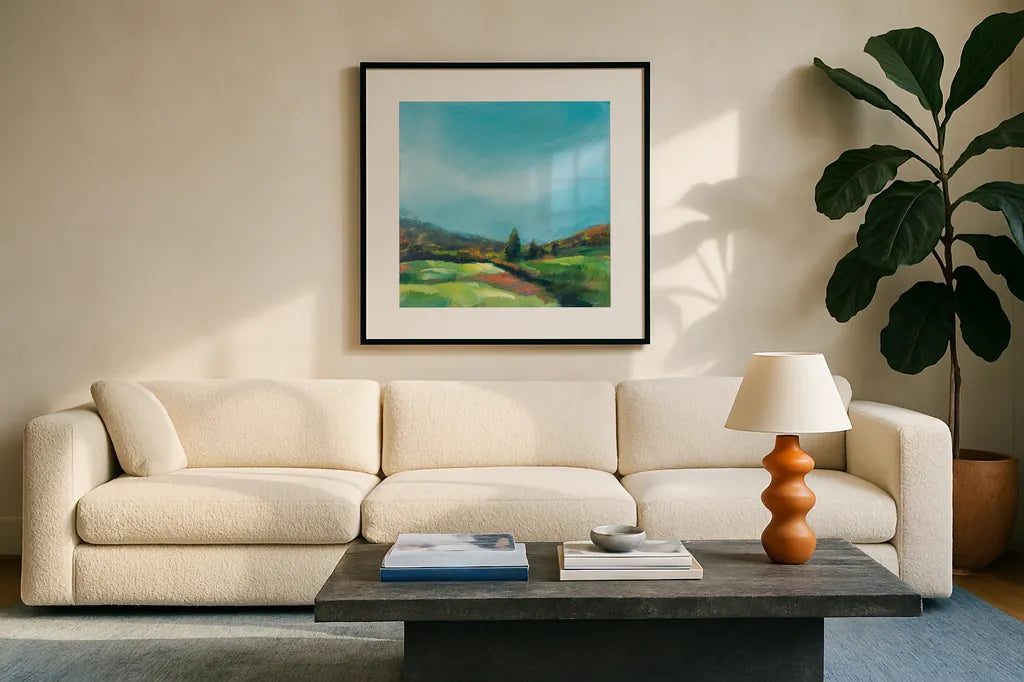 On the Cusp of October by Sue Schlabach. Displayed in a glass frame with matte in a clean modern living room. Available as an archival giclee rolled canvas, fine art paper, or poster print. SKU 75869a.