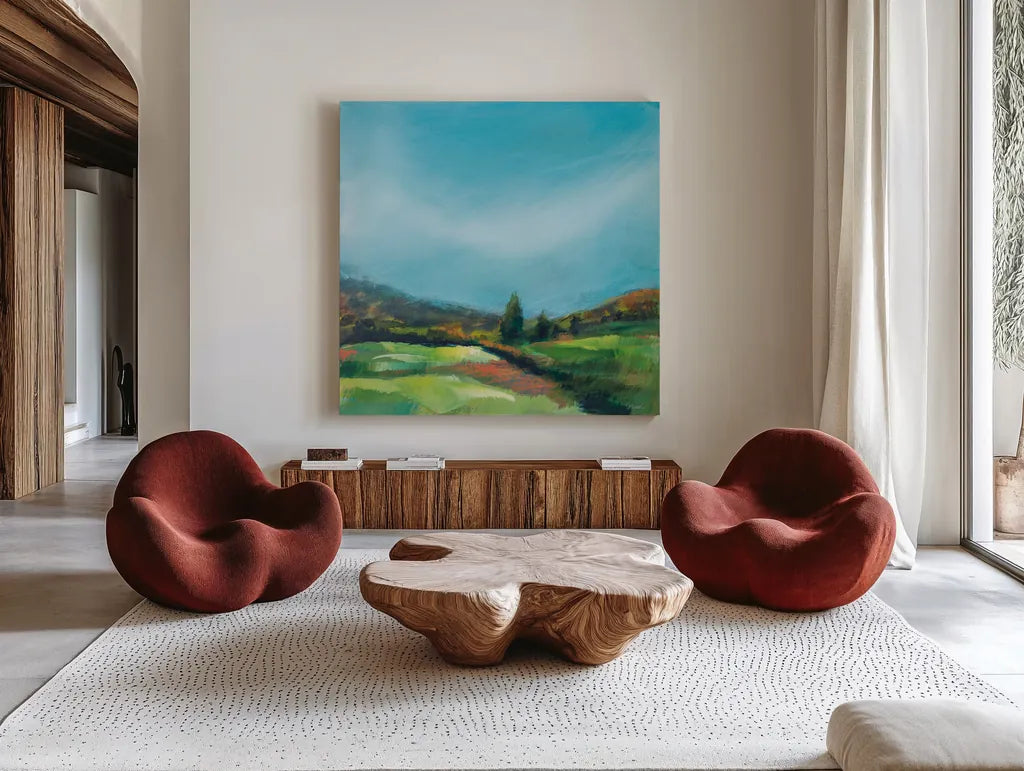 On the Cusp of October by Sue Schlabach. Shown as extra-large giant wall art in a modern living room. Available as an archival giclee rolled canvas, fine art paper, or poster print. SKU 75869a.