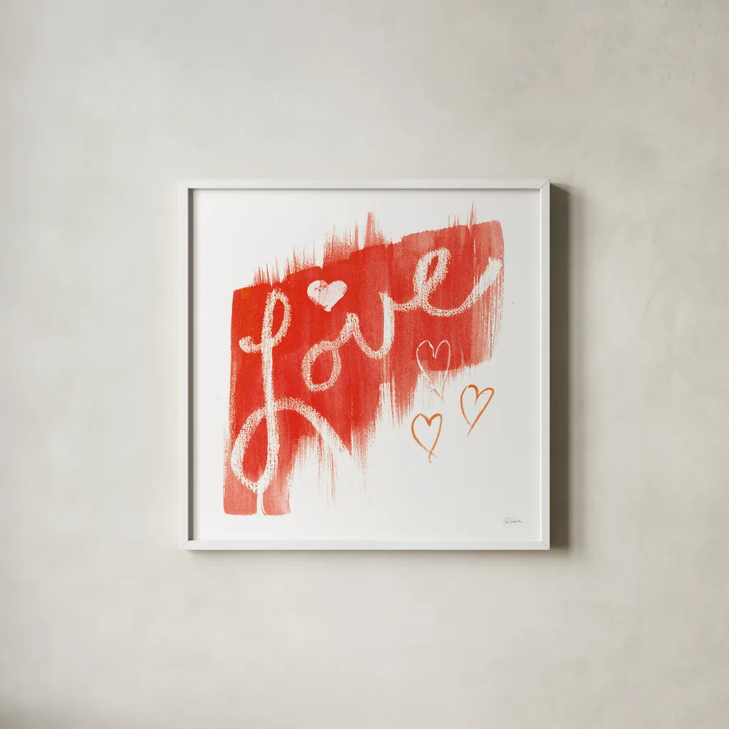 Painted Love by Sue Schlabach. Shown in a crisp white glass frame for a clean and minimalist style. Available as an archival giclee rolled canvas, fine art paper, or poster print. SKU 49995a.