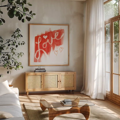 Painted Love by Sue Schlabach. Shown in a natural wood frame in a cozy modern living room. Available as an archival giclee rolled canvas, fine art paper, or poster print. SKU 49995a.