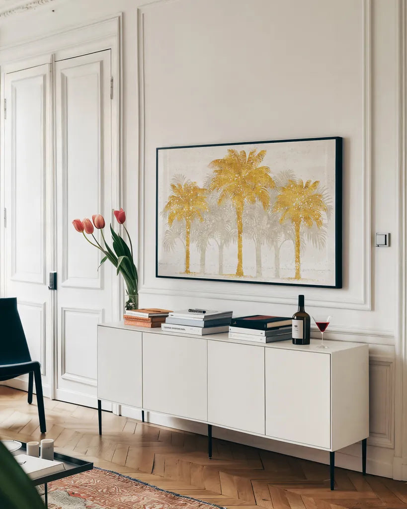 Palm Coast I by Sue Schlabach. shown as a framed stretched canvas in a living room above a console. Available as a archival giclee rolled canvas, fine art paper, or poster print. SKU 30521i.