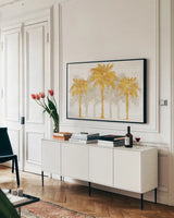 Palm Coast I by Sue Schlabach. shown as a framed stretched canvas in a living room above a console. Available as a archival giclee rolled canvas, fine art paper, or poster print. SKU 30521i.
