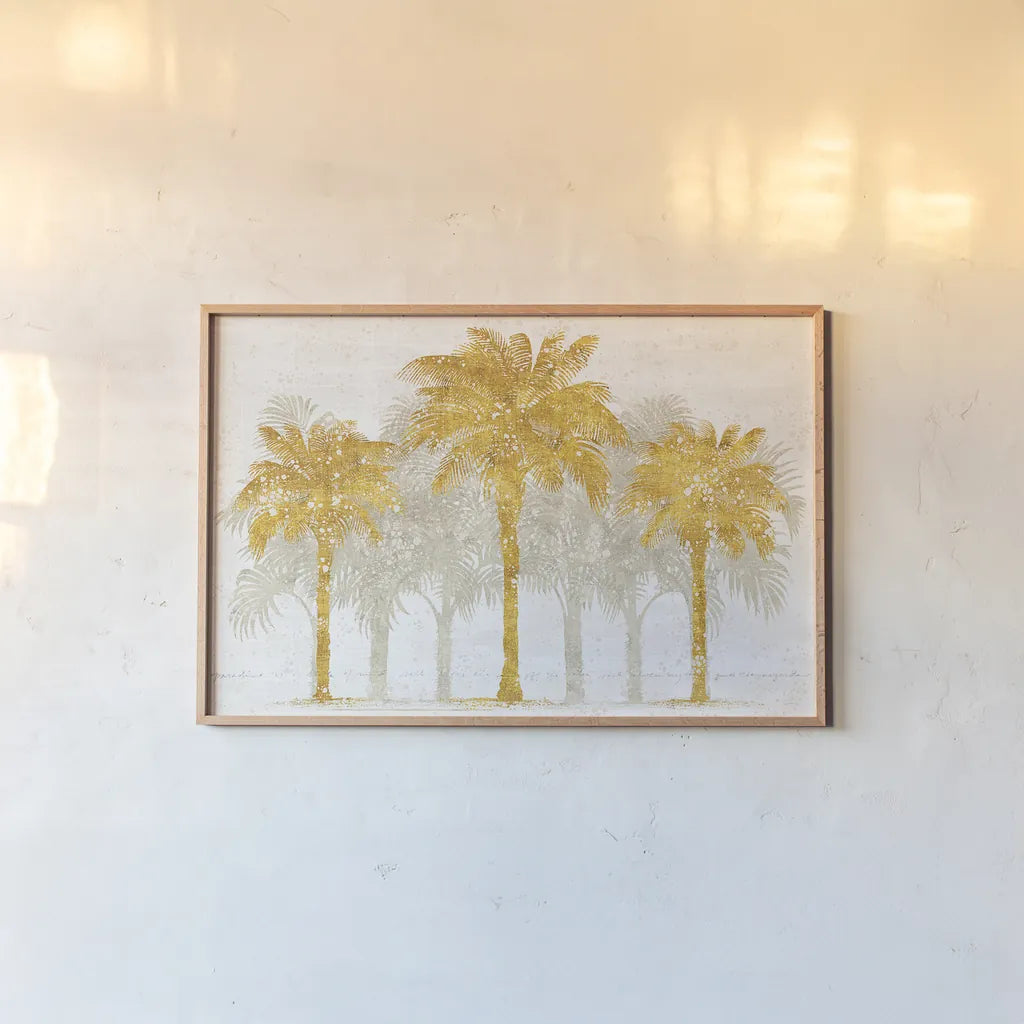 Palm Coast I by Sue Schlabach. shown as a paper print in a natural frame. Available as a archival giclee rolled canvas, fine art paper, or poster print. SKU 30521i.
