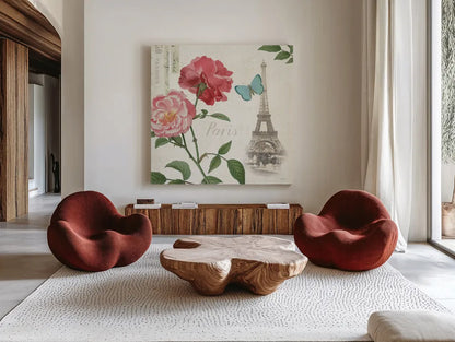 Paris Arbor II by Sue Schlabach. Shown as extra-large giant wall art in a modern living room. Available as an archival giclee rolled canvas, fine art paper, or poster print. SKU 36848a.