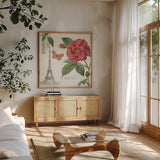 Paris Arbor III by Sue Schlabach. Shown in a natural wood frame in a cozy modern living room. Available as an archival giclee rolled canvas, fine art paper, or poster print. SKU 36849a.