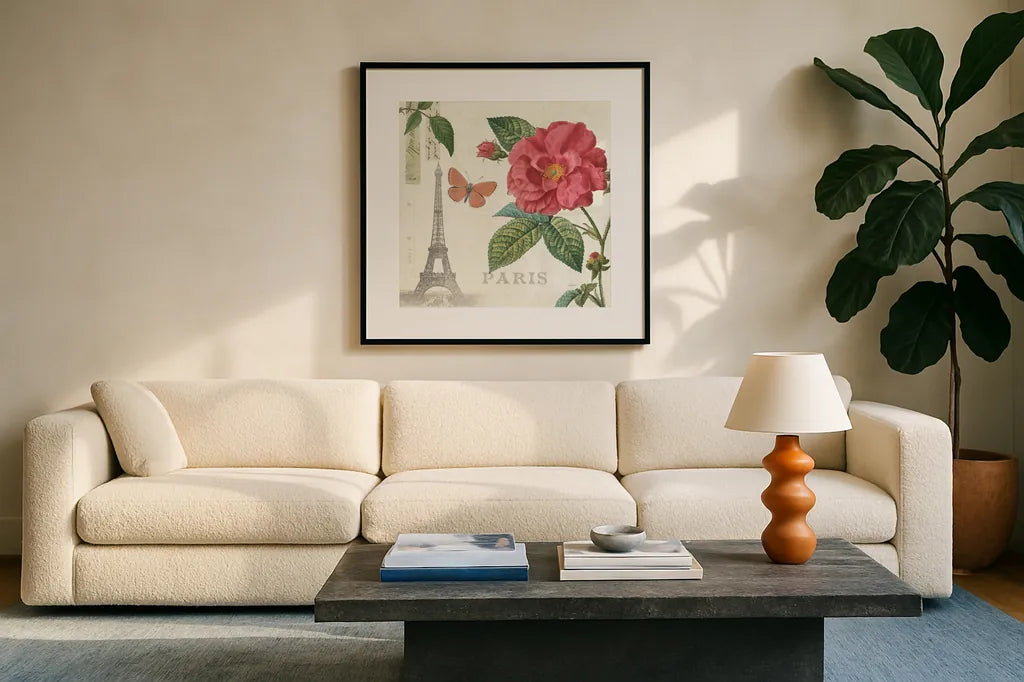 Paris Arbor III by Sue Schlabach. Displayed in a glass frame with matte in a clean modern living room. Available as an archival giclee rolled canvas, fine art paper, or poster print. SKU 36849a.