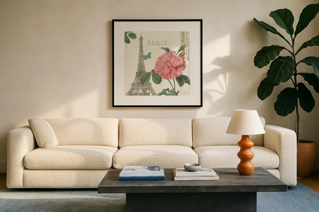 Paris Arbor IV by Sue Schlabach. Displayed in a glass frame with matte in a clean modern living room. Available as an archival giclee rolled canvas, fine art paper, or poster print. SKU 36850a.