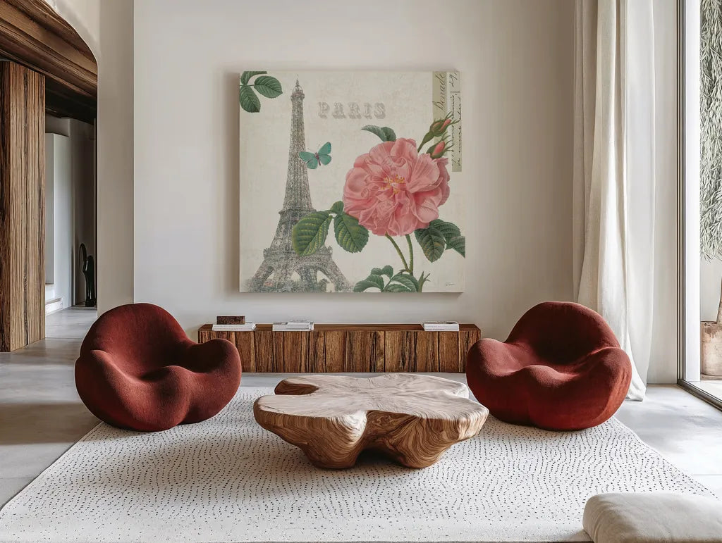 Paris Arbor IV by Sue Schlabach. Shown as extra-large giant wall art in a modern living room. Available as an archival giclee rolled canvas, fine art paper, or poster print. SKU 36850a.