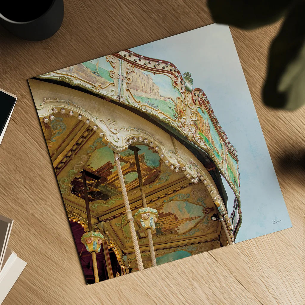 Paris Carousel I Aged by Sue Schlabach. Shown as a detailed flat fine art print, highlighting archival giclee quality. Available as an archival giclee rolled canvas, fine art paper, or poster print. SKU 34160a.