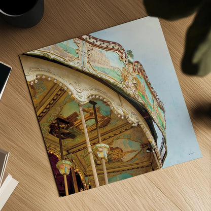 Paris Carousel I Aged by Sue Schlabach. Shown as a detailed flat fine art print, highlighting archival giclee quality. Available as an archival giclee rolled canvas, fine art paper, or poster print. SKU 34160a.