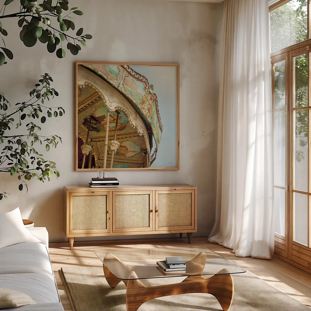 Paris Carousel I Aged by Sue Schlabach. Shown in a natural wood frame in a cozy modern living room. Available as an archival giclee rolled canvas, fine art paper, or poster print. SKU 34160a.