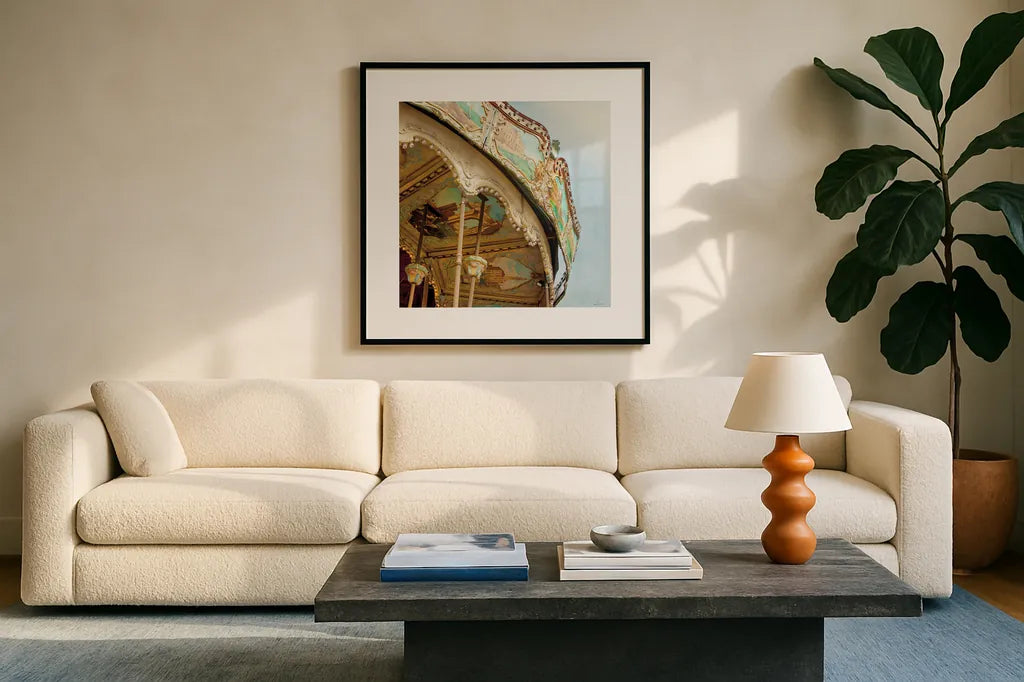 Paris Carousel I Aged by Sue Schlabach. Displayed in a glass frame with matte in a clean modern living room. Available as an archival giclee rolled canvas, fine art paper, or poster print. SKU 34160a.