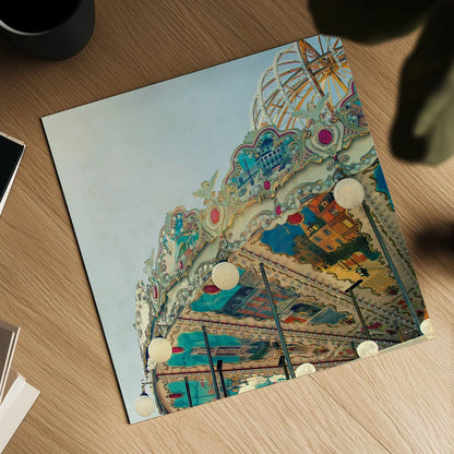 Paris Carousel II Aged by Sue Schlabach. Shown as a detailed flat fine art print, highlighting archival giclee quality. Available as an archival giclee rolled canvas, fine art paper, or poster print. SKU 34161a.