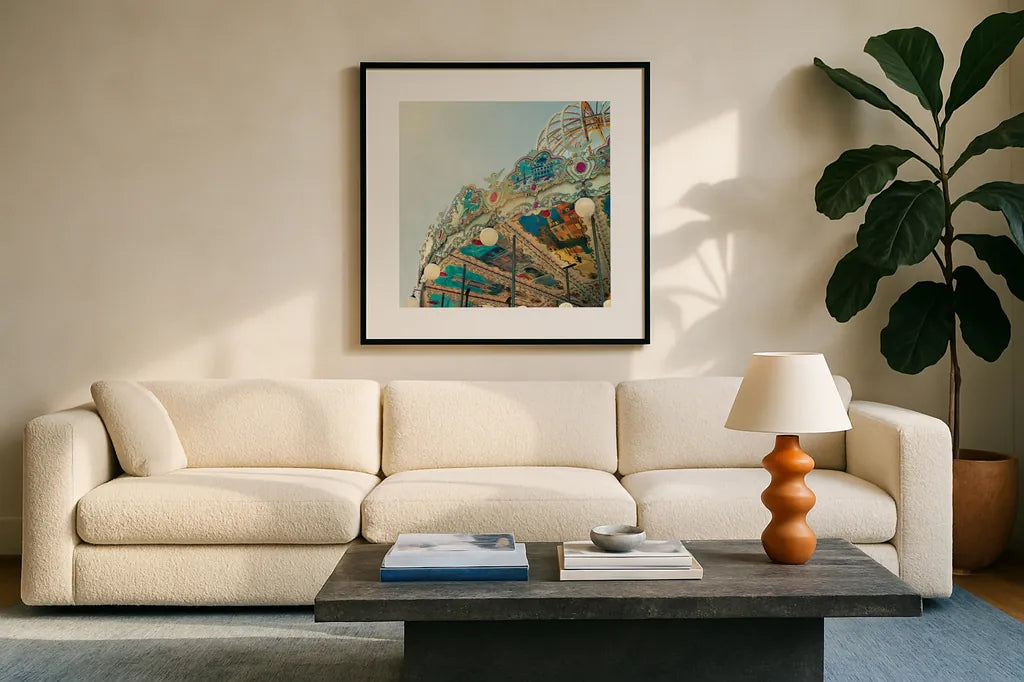 Paris Carousel II Aged by Sue Schlabach. Displayed in a glass frame with matte in a clean modern living room. Available as an archival giclee rolled canvas, fine art paper, or poster print. SKU 34161a.