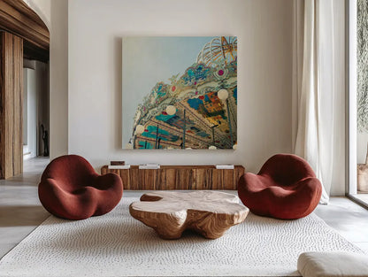 Paris Carousel II Aged by Sue Schlabach. Shown as extra-large giant wall art in a modern living room. Available as an archival giclee rolled canvas, fine art paper, or poster print. SKU 34161a.