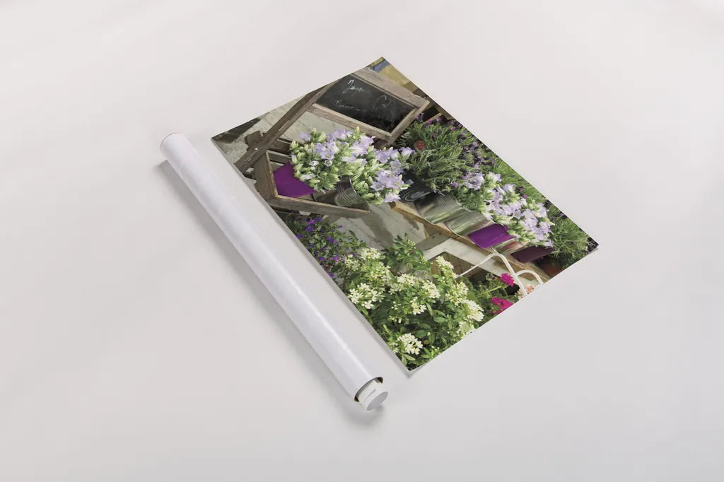 Paris Flower Market by Sue Schlabach. shown as a rolled paper print. Available as archival giclee rolled canvas, fine art paper, or poster print. SKU 34133i.