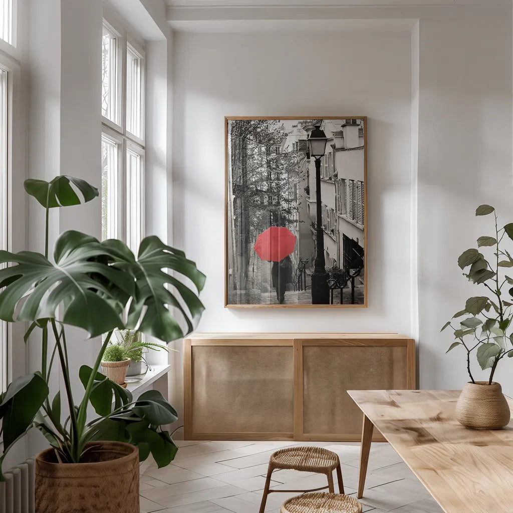 Paris Stroll II BW v2 by Sue Schlabach. shown as a print in a natural wood frame in a dining room. Available as a archival giclee rolled canvas, fine art paper, or poster print. SKU 44746h.