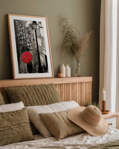 Paris Stroll II BW v2 by Sue Schlabach. shown as a paper print in a natural frame. Available as a archival giclee rolled canvas, fine art paper, or poster print. SKU 44746h.