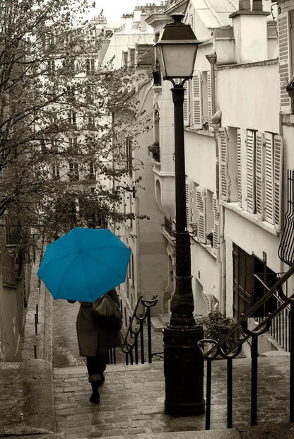 Paris Stroll II Teal Umbrella by Sue Schlabach. SKU 44745h. Archival Giclee Fine art print for wall decor.
