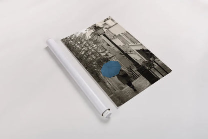 Paris Stroll II Teal Umbrella by Sue Schlabach. shown as a rolled paper print. Available as archival giclee rolled canvas, fine art paper, or poster print. SKU 44745h.