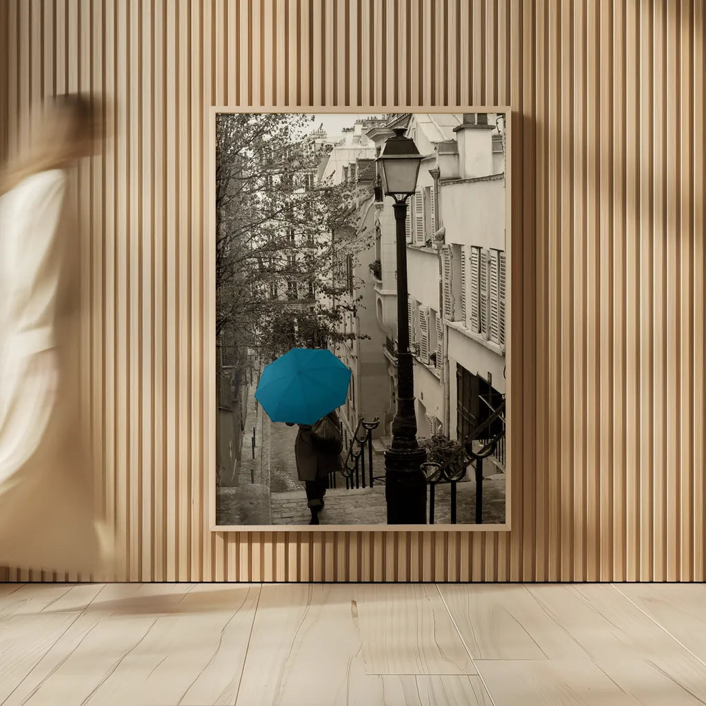 Paris Stroll II Teal Umbrella by Sue Schlabach. shown as over sized large wall art. Available as an archival giclee rolled canvas, fine art paper, or poster print. SKU 44745h.