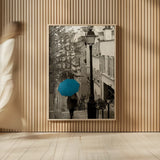 Paris Stroll II Teal Umbrella by Sue Schlabach. shown as over sized large wall art. Available as an archival giclee rolled canvas, fine art paper, or poster print. SKU 44745h.