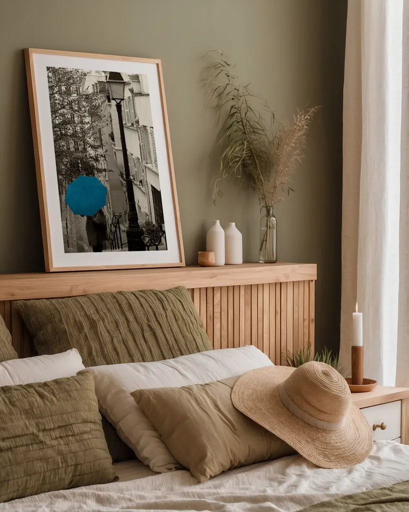 Paris Stroll II Teal Umbrella by Sue Schlabach. shown as a paper print in a natural frame. Available as a archival giclee rolled canvas, fine art paper, or poster print. SKU 44745h.