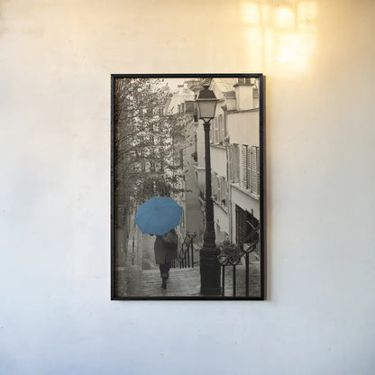 Paris Stroll II Teal Umbrella by Sue Schlabach. shown as a paper print in a black flame. Available as a archival giclee rolled canvas, fine art paper, or poster print. SKU 44745h.