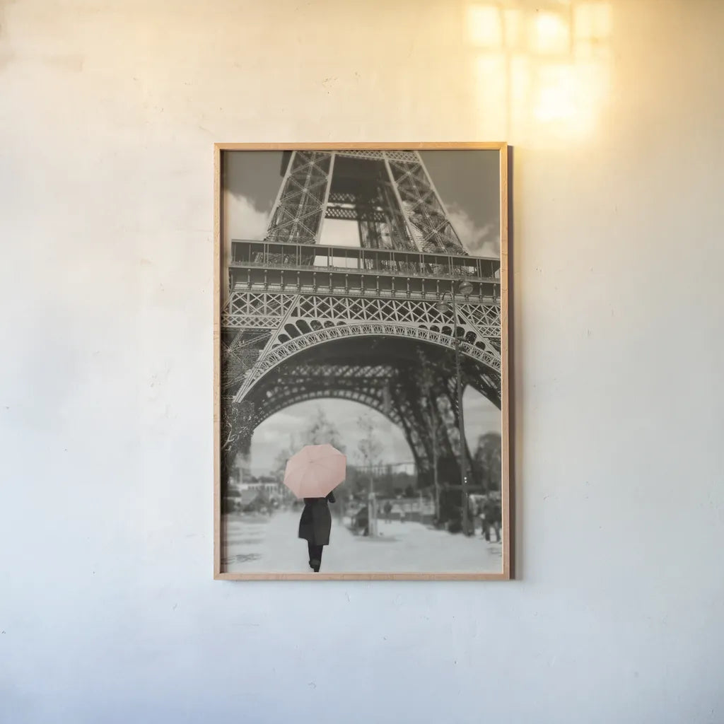 Paris in the Rain II by Sue Schlabach. shown as a paper print in a natural frame. Available as a archival giclee rolled canvas, fine art paper, or poster print. SKU 41084h.