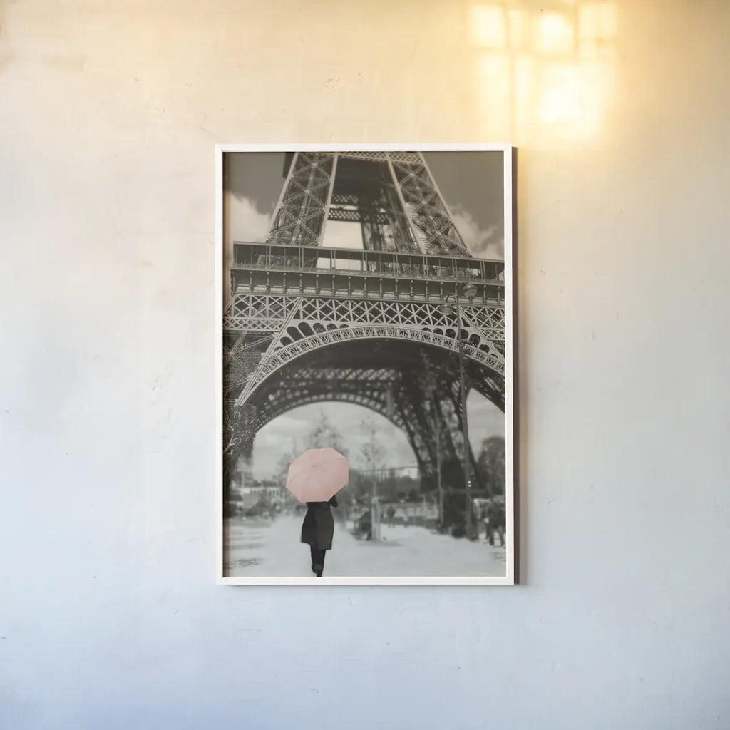 Paris in the Rain II by Sue Schlabach. shown as a paper print in a white frame. Available as a archival giclee rolled canvas, fine art paper, or poster print. SKU 41084h.