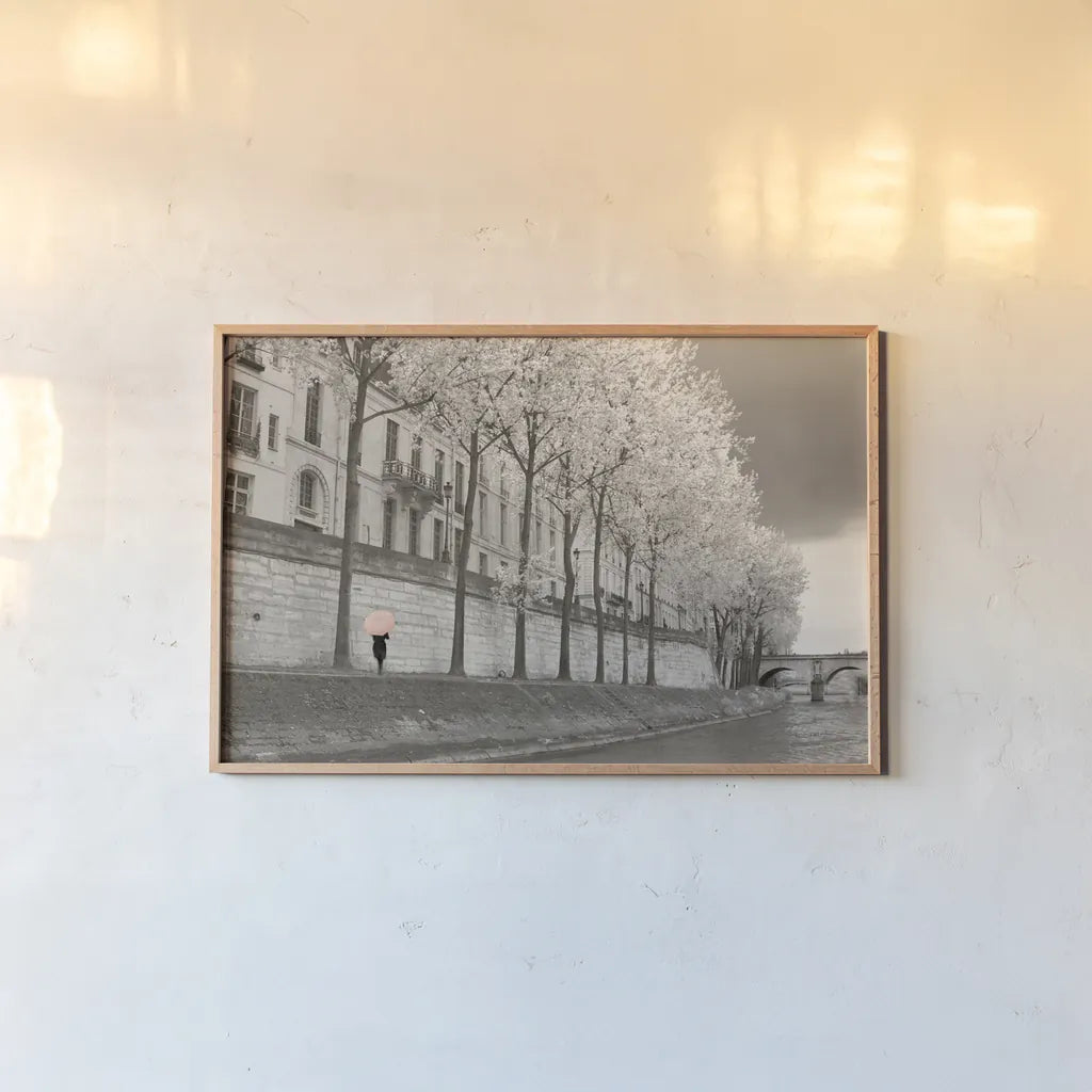 Paris in the Rain III by Sue Schlabach. shown as a paper print in a natural frame. Available as a archival giclee rolled canvas, fine art paper, or poster print. SKU 41085i.