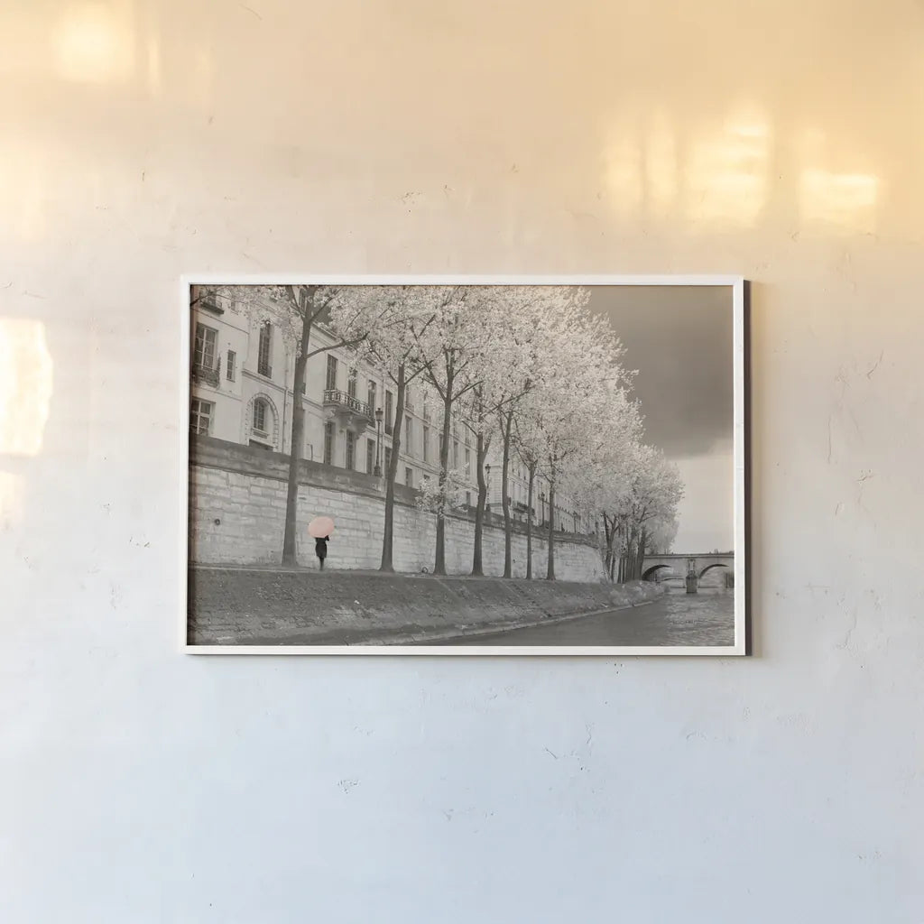 Paris in the Rain III by Sue Schlabach. shown as a paper print in a white frame. Available as a archival giclee rolled canvas, fine art paper, or poster print. SKU 41085i.