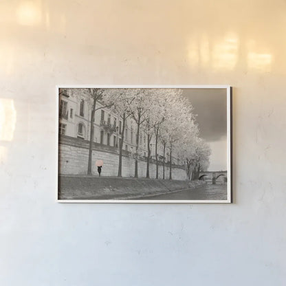 Paris in the Rain III by Sue Schlabach. shown as a paper print in a white frame. Available as a archival giclee rolled canvas, fine art paper, or poster print. SKU 41085i.