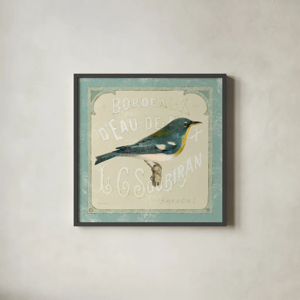 Parisian Bird I by Sue Schlabach. Shown in a sleek black glass frame for a contemporary gallery look. Available as an archival giclee rolled canvas, fine art paper, or poster print. SKU 9075a.