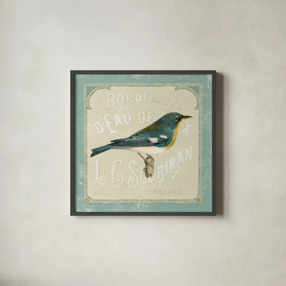 Parisian Bird I by Sue Schlabach. Shown in a sleek black glass frame for a contemporary gallery look. Available as an archival giclee rolled canvas, fine art paper, or poster print. SKU 9075a.