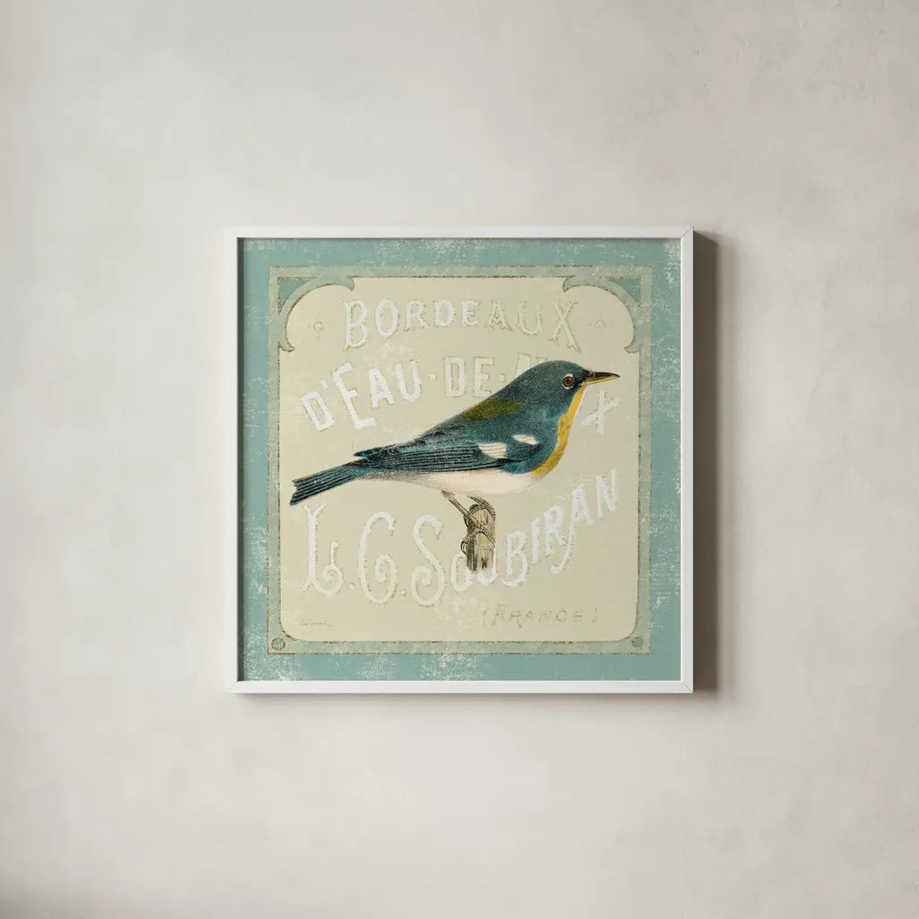 Parisian Bird I by Sue Schlabach. Shown in a crisp white glass frame for a clean and minimalist style. Available as an archival giclee rolled canvas, fine art paper, or poster print. SKU 9075a.