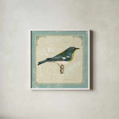 Parisian Bird I by Sue Schlabach. Shown in a crisp white glass frame for a clean and minimalist style. Available as an archival giclee rolled canvas, fine art paper, or poster print. SKU 9075a.