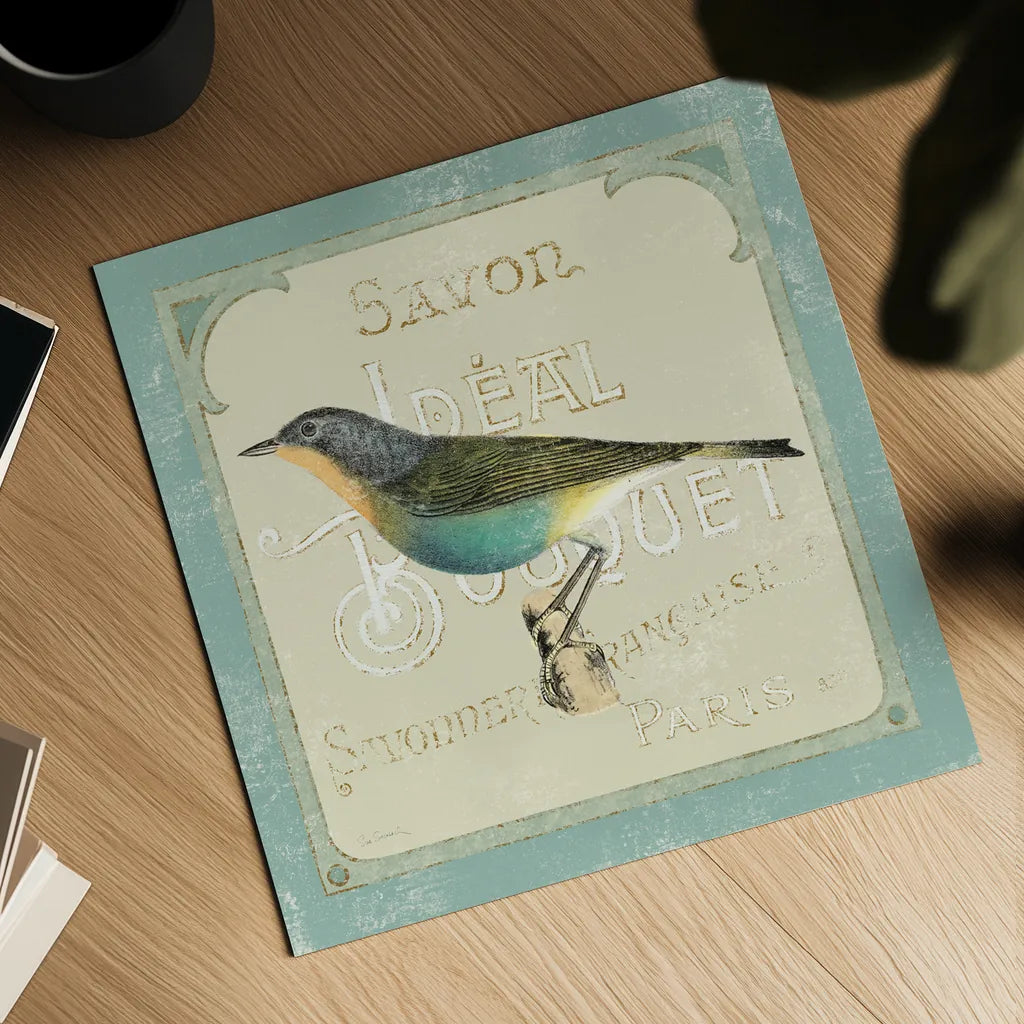 Parisian Bird II by Sue Schlabach. Shown as a detailed flat fine art print, highlighting archival giclee quality. Available as an archival giclee rolled canvas, fine art paper, or poster print. SKU 9076a.
