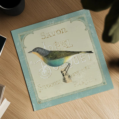 Parisian Bird II by Sue Schlabach. Shown as a detailed flat fine art print, highlighting archival giclee quality. Available as an archival giclee rolled canvas, fine art paper, or poster print. SKU 9076a.