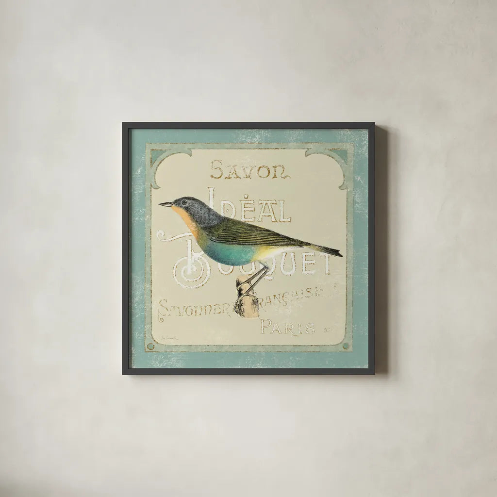 Parisian Bird II by Sue Schlabach. Shown in a sleek black glass frame for a contemporary gallery look. Available as an archival giclee rolled canvas, fine art paper, or poster print. SKU 9076a.