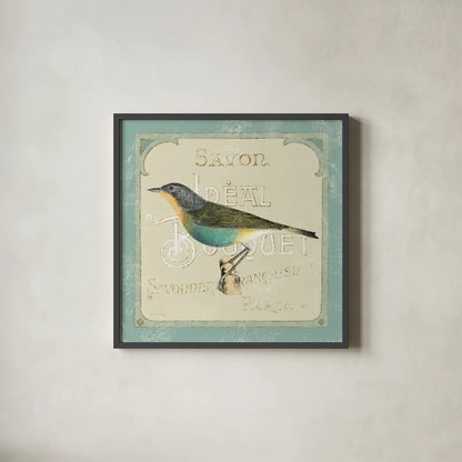 Parisian Bird II by Sue Schlabach. Shown in a sleek black glass frame for a contemporary gallery look. Available as an archival giclee rolled canvas, fine art paper, or poster print. SKU 9076a.