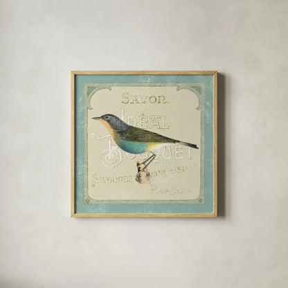 Parisian Bird II by Sue Schlabach. Shown in a natural wood glass frame for a timeless modern aesthetic. Available as an archival giclee rolled canvas, fine art paper, or poster print. SKU 9076a.