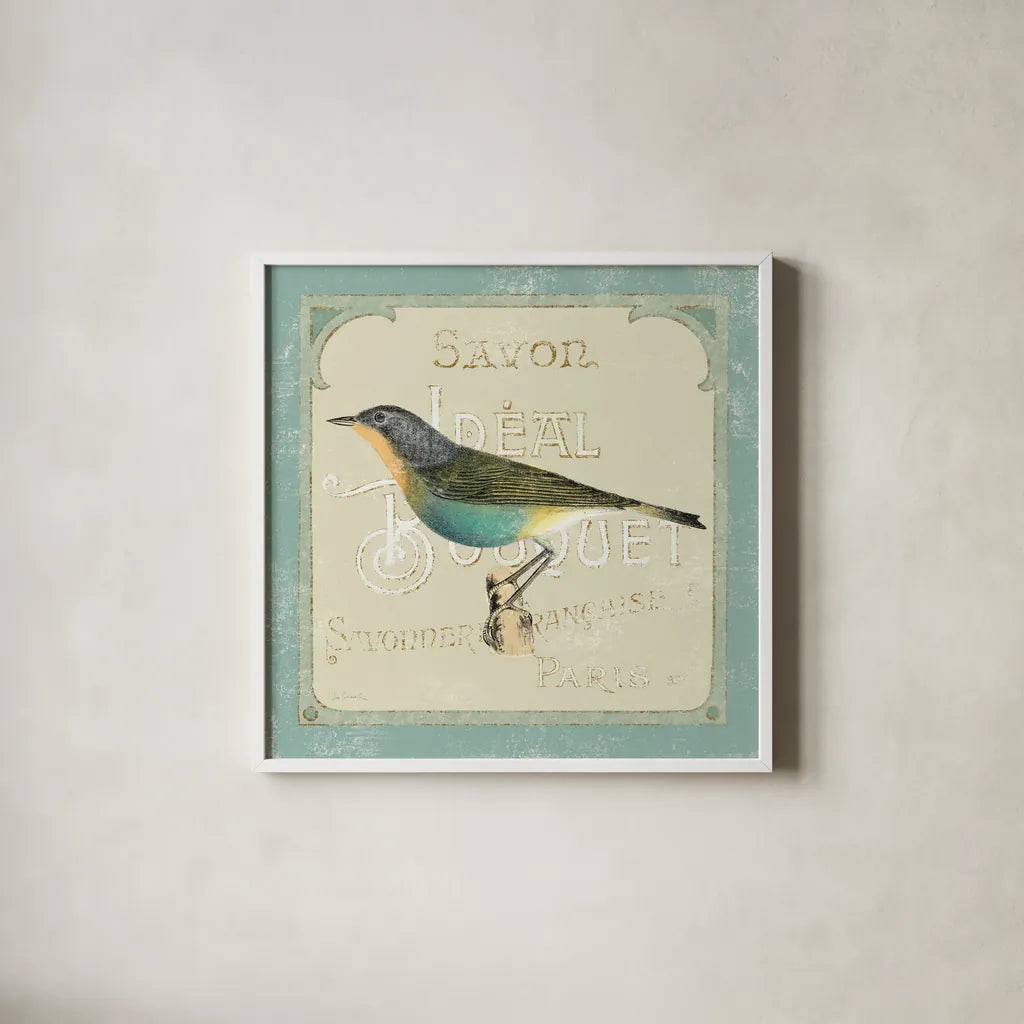 Parisian Bird II by Sue Schlabach. Shown in a crisp white glass frame for a clean and minimalist style. Available as an archival giclee rolled canvas, fine art paper, or poster print. SKU 9076a.