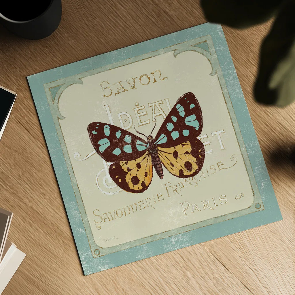 Parisian Butterfly I by Sue Schlabach. Shown as a detailed flat fine art print, highlighting archival giclee quality. Available as an archival giclee rolled canvas, fine art paper, or poster print. SKU 9077a.