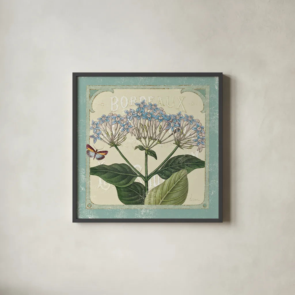 Parisian Flowers I by Sue Schlabach. Shown in a sleek black glass frame for a contemporary gallery look. Available as an archival giclee rolled canvas, fine art paper, or poster print. SKU 9079a.
